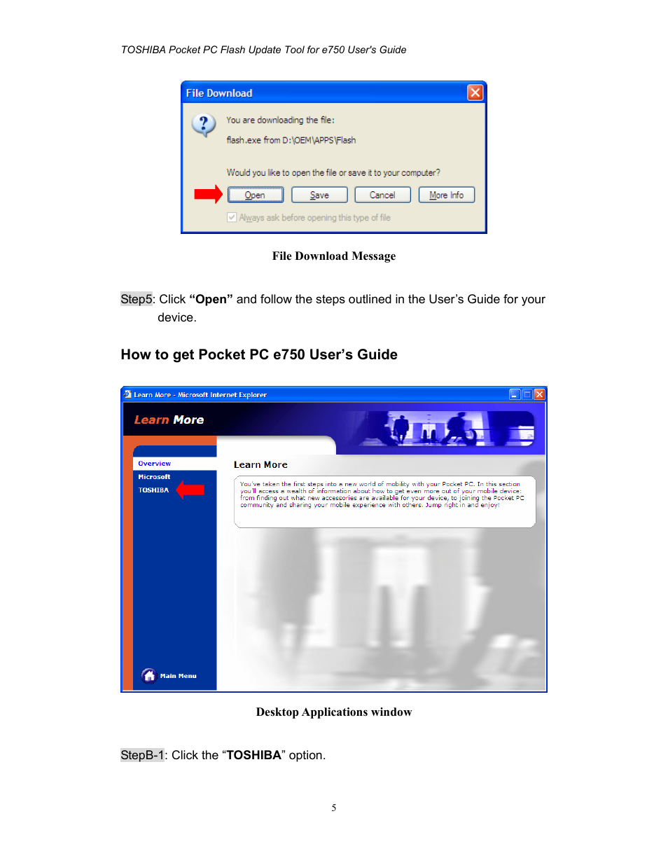 How to get pocket pc e750 user’s guide | Toshiba e750 User Manual | Page 5 / 12