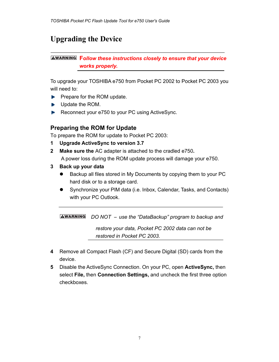 Upgrading the device | Toshiba e750 User Manual | Page 7 / 12