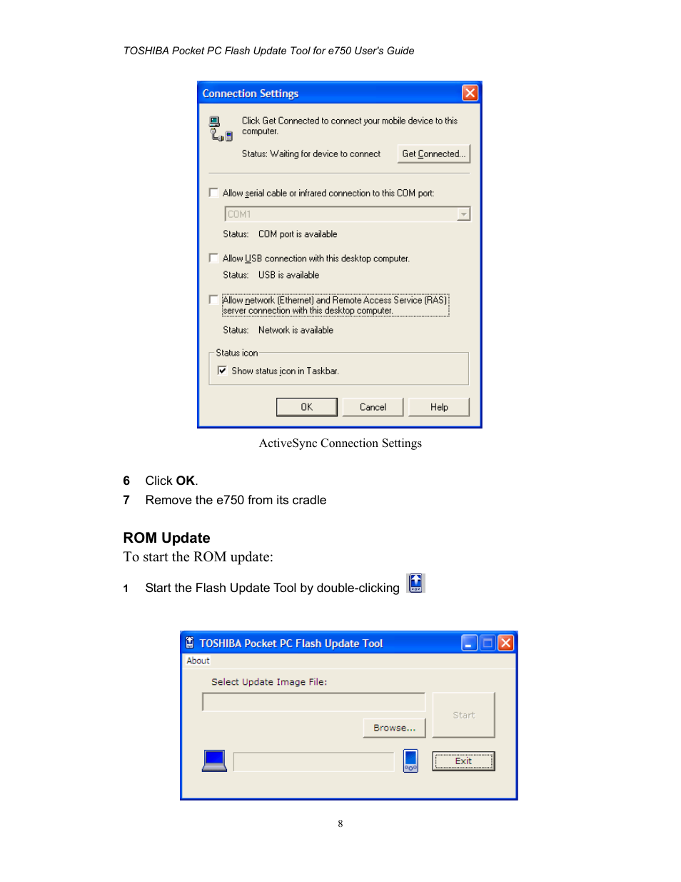 Rom update to start the rom update | Toshiba e750 User Manual | Page 8 / 12