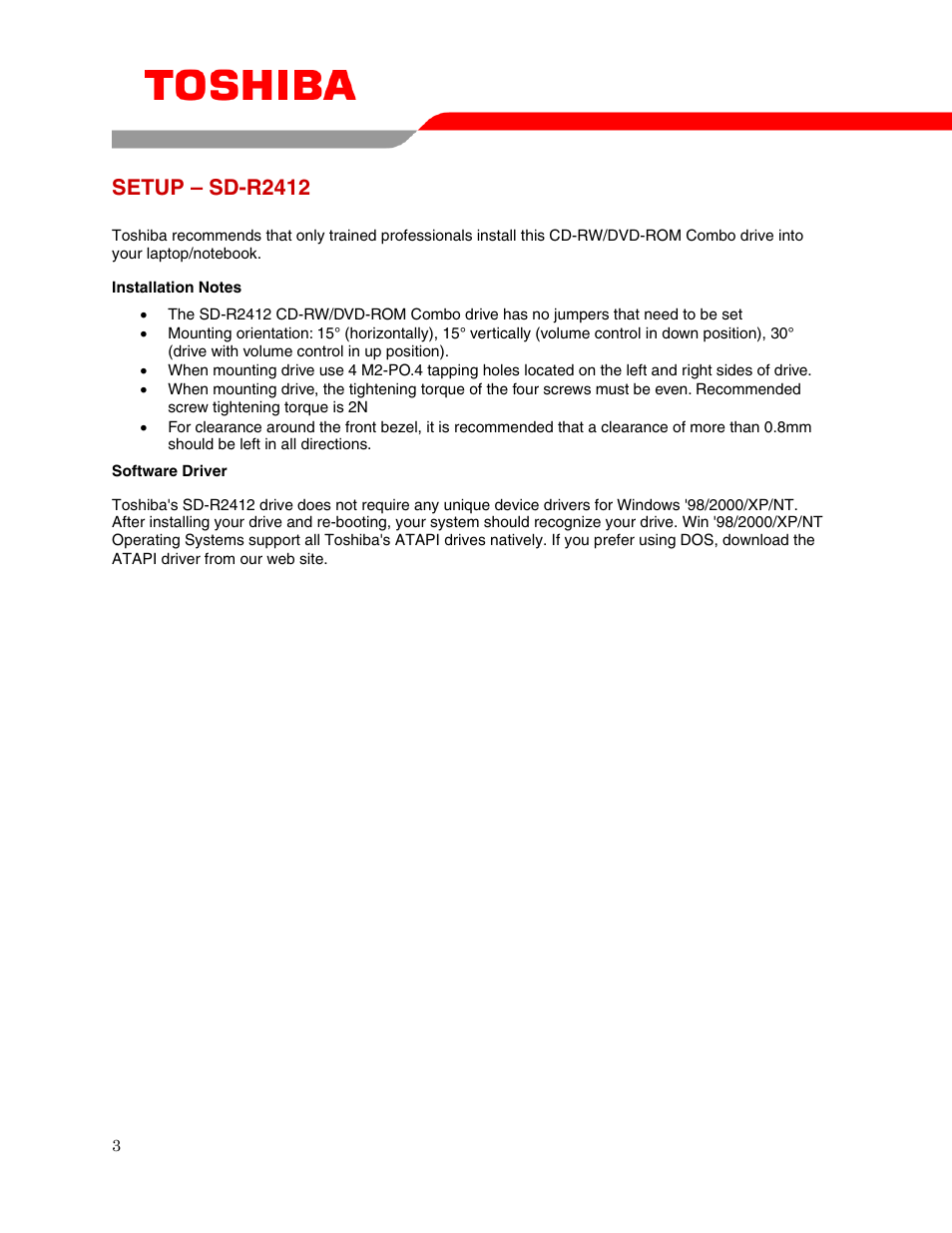 Setup – sd-r2412 | Toshiba SD-R2412 User Manual | Page 5 / 12