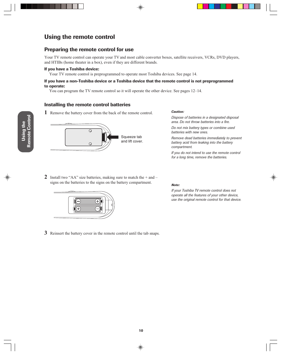Using the remote control, Preparing the remote control for use | Toshiba 32A43 User Manual | Page 10 / 36
