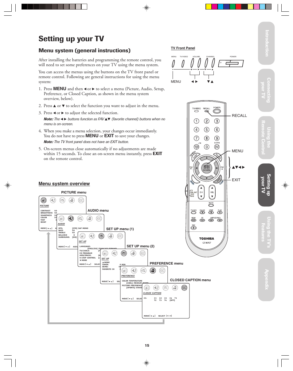 Setting up your tv, Menu system (general instructions), Menu system overview | Toshiba 32A43 User Manual | Page 15 / 36