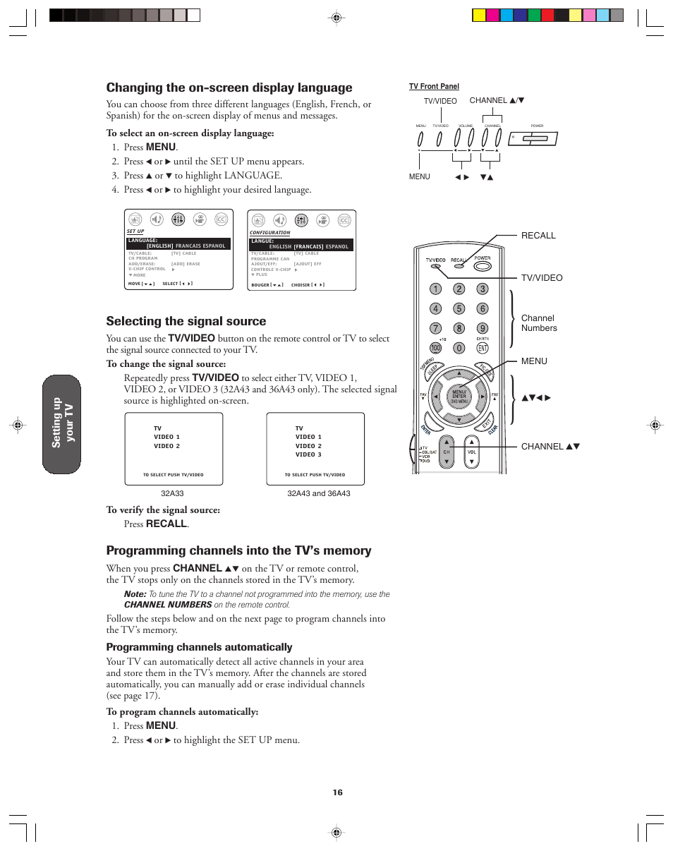 Changing the on-screen display language, Selecting the signal source | Toshiba 32A43 User Manual | Page 16 / 36