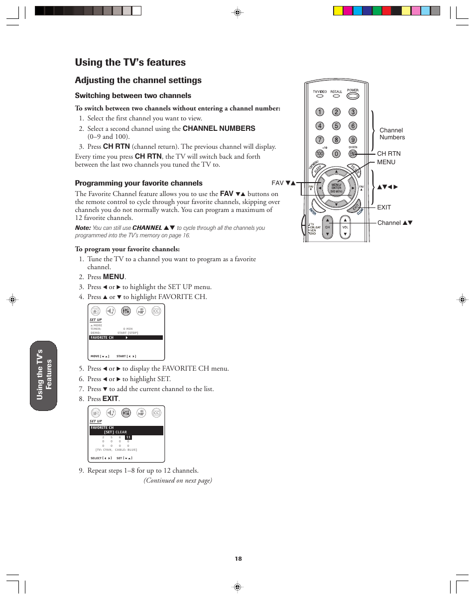 Using the tv’s features, Adjusting the channel settings | Toshiba 32A43 User Manual | Page 18 / 36