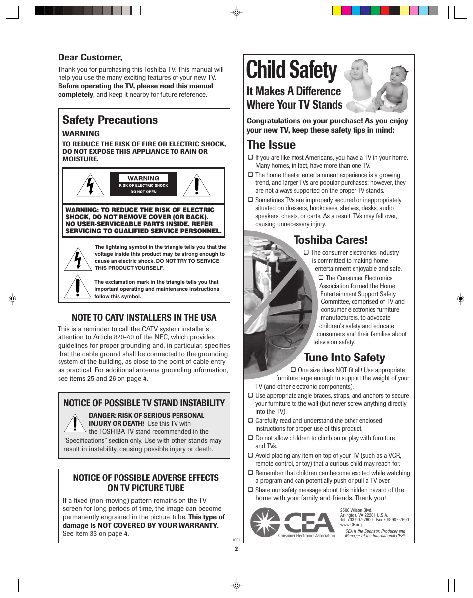 Child safety, It makes a difference where your tv stands, The issue | Toshiba cares, Tune into safety, Safety precautions, Notice of possible tv stand instability | Toshiba 32A43 User Manual | Page 2 / 36