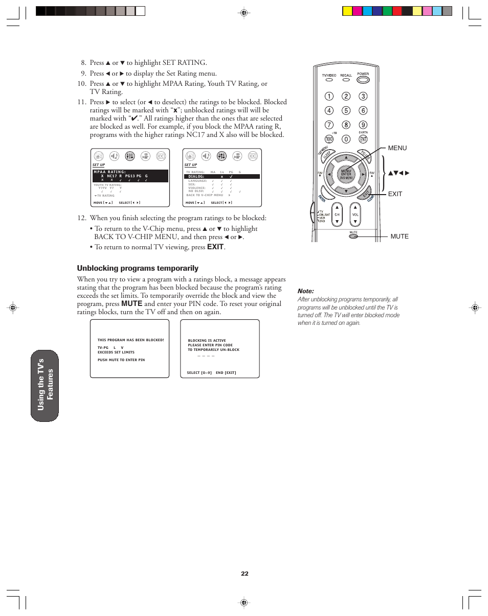 Using the t v’s f eatur es, Unblocking programs temporarily | Toshiba 32A43 User Manual | Page 22 / 36
