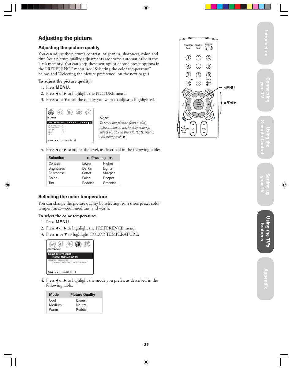 Adjusting the picture | Toshiba 32A43 User Manual | Page 25 / 36