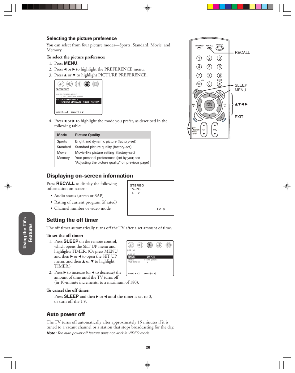 Displaying on-screen information, Setting the off timer, Auto power off | Toshiba 32A43 User Manual | Page 26 / 36