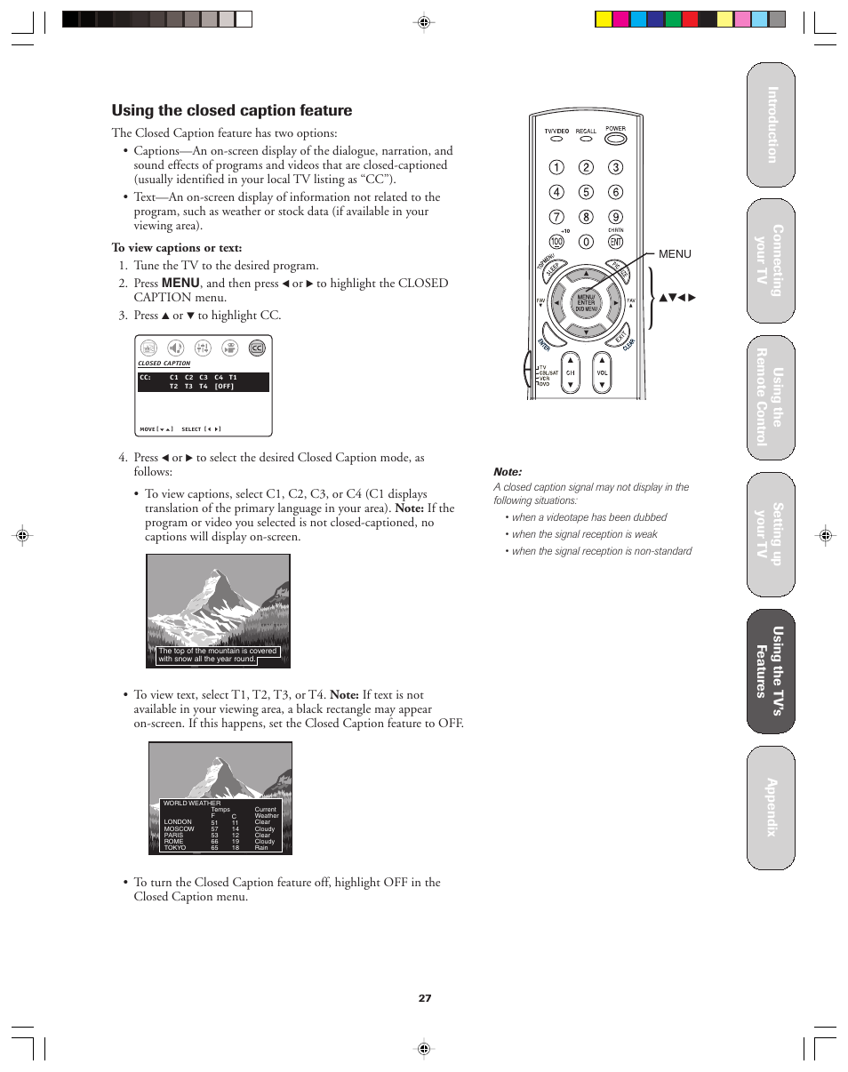 Using the closed caption feature | Toshiba 32A43 User Manual | Page 27 / 36