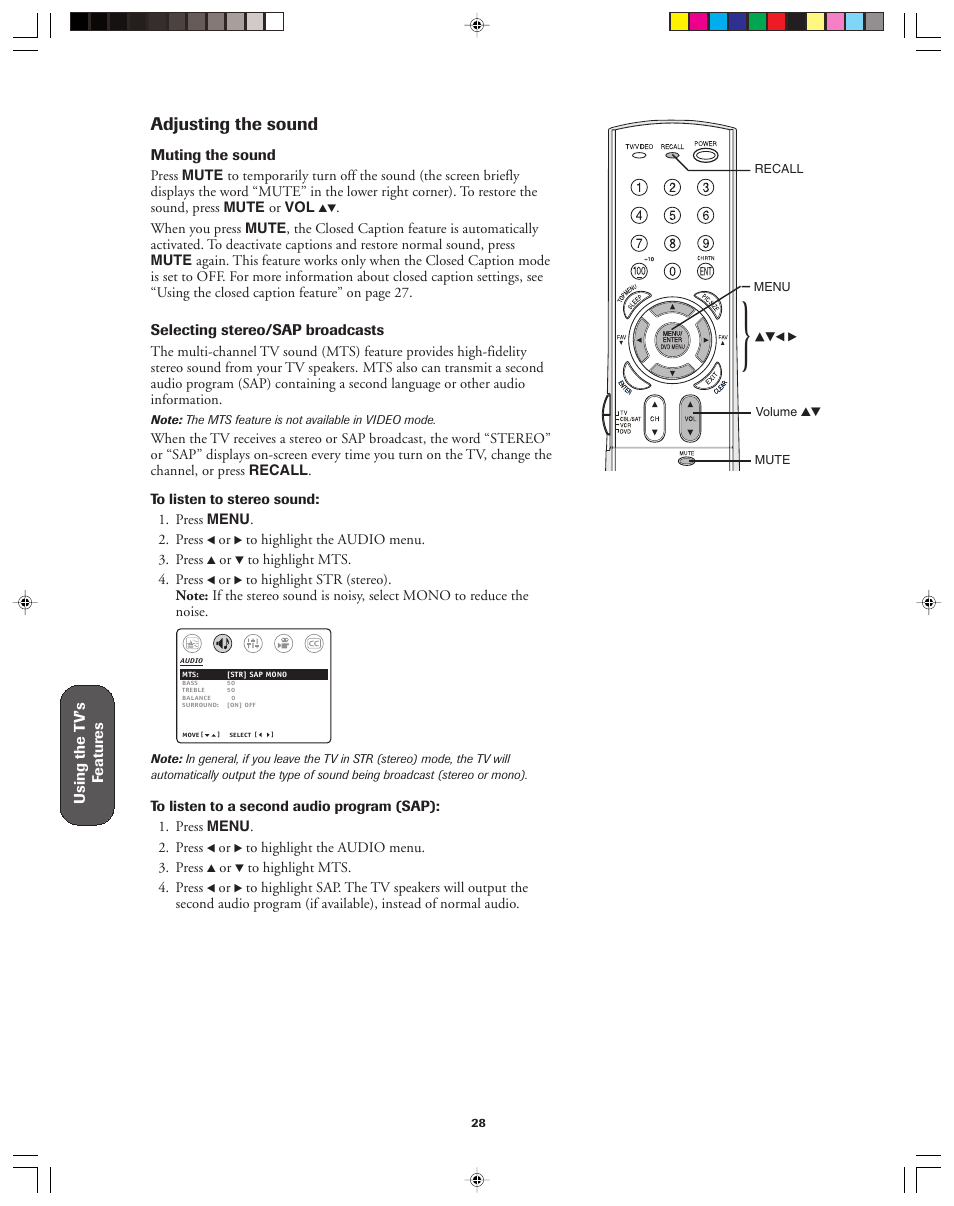 Adjusting the sound | Toshiba 32A43 User Manual | Page 28 / 36