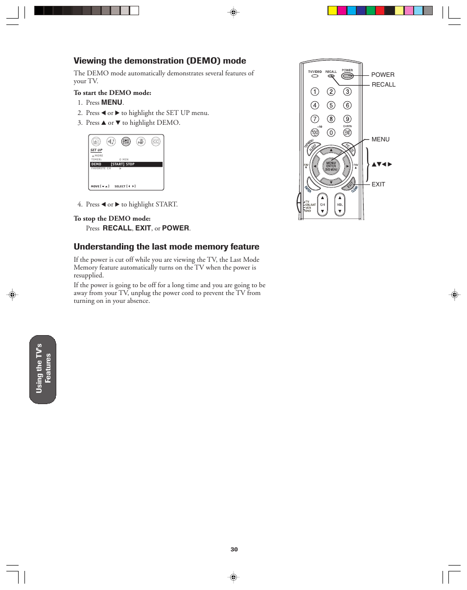 Viewing the demonstration (demo) mode | Toshiba 32A43 User Manual | Page 30 / 36