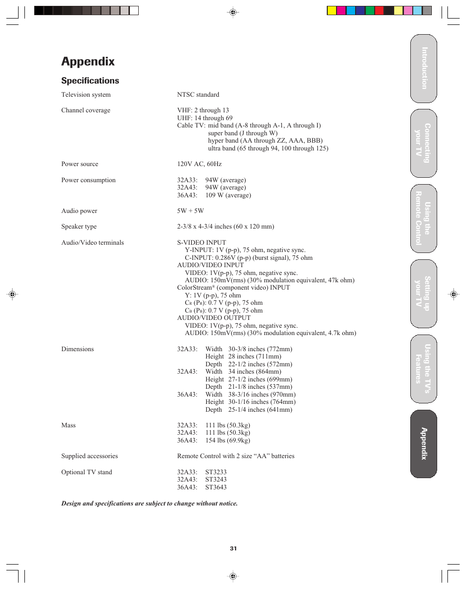 Appendix, Specifications | Toshiba 32A43 User Manual | Page 31 / 36