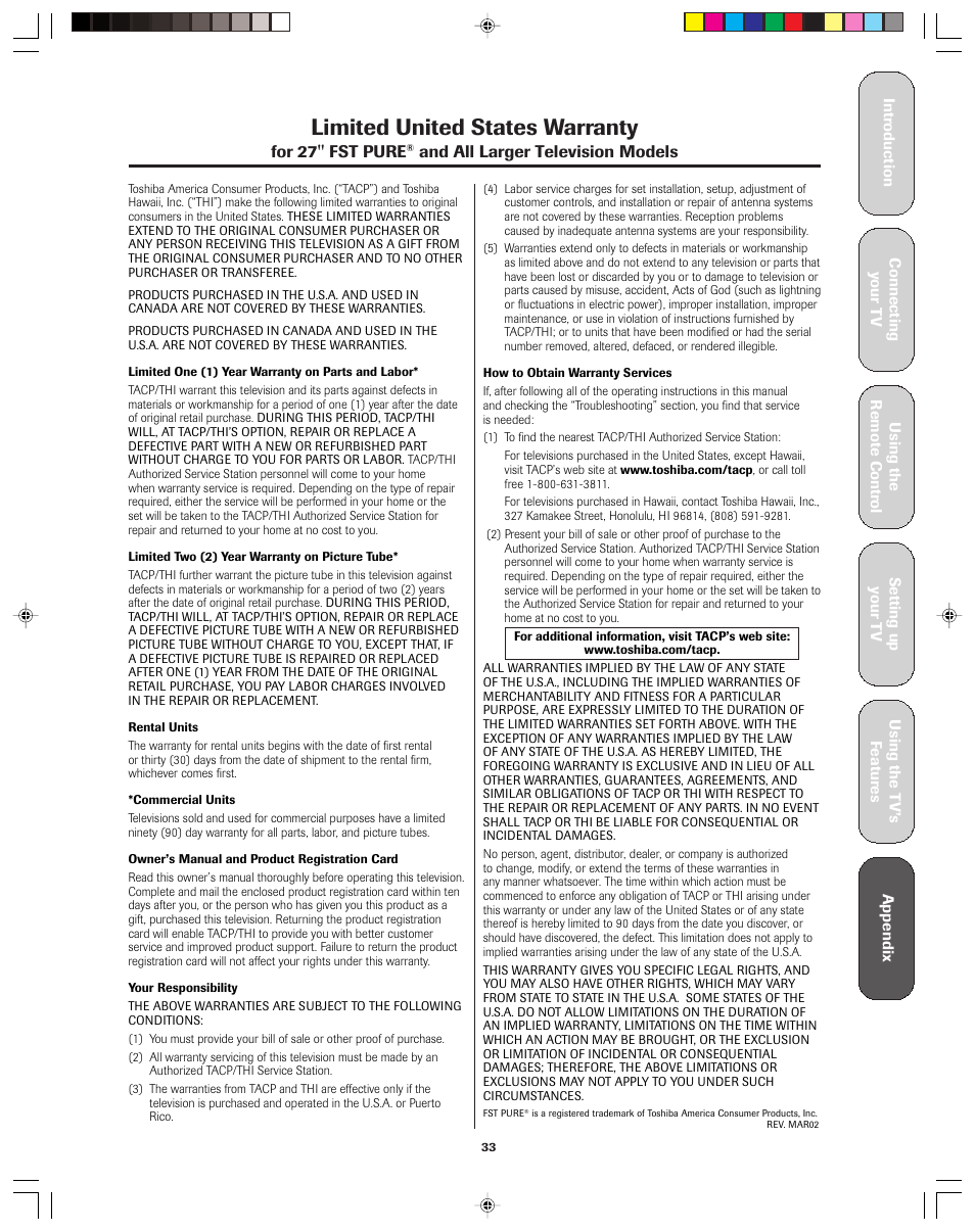 Limited united states warranty | Toshiba 32A43 User Manual | Page 33 / 36