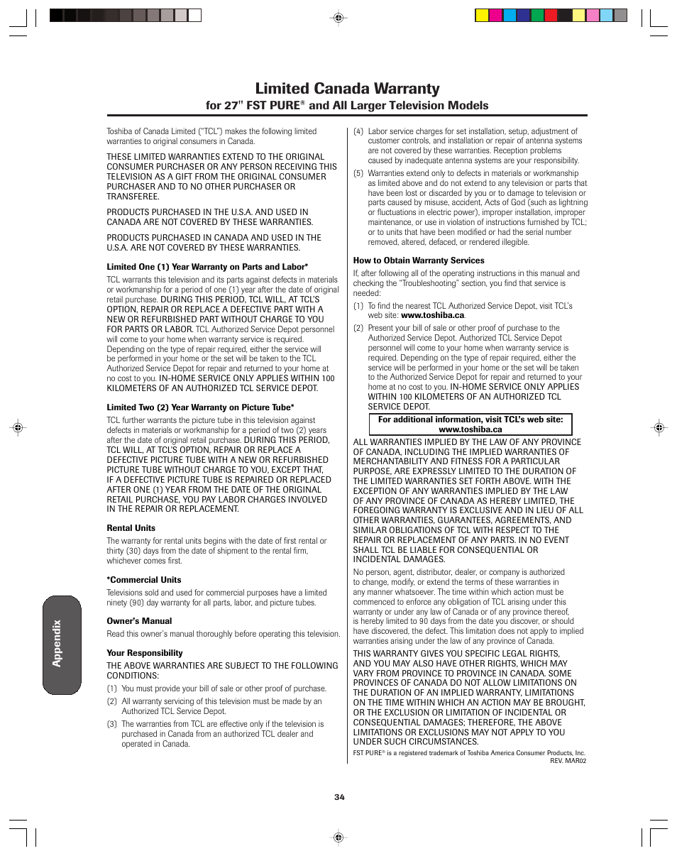 Limited canada warranty, For 27'' fst pure, And all larger television models | Toshiba 32A43 User Manual | Page 34 / 36