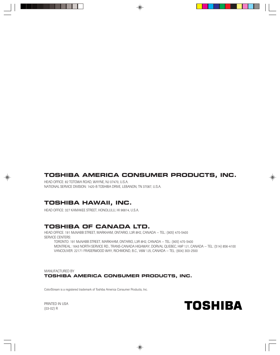 Toshiba of canada ltd, Toshiba hawaii, inc, Toshiba america consumer products, inc | Toshiba 32A43 User Manual | Page 36 / 36