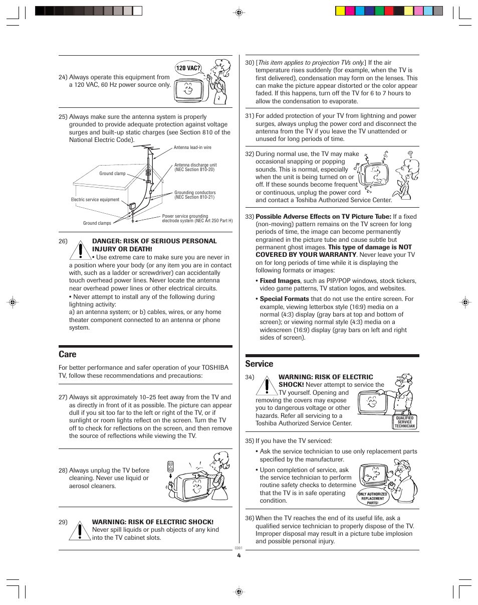 Care, Service | Toshiba 32A43 User Manual | Page 4 / 36