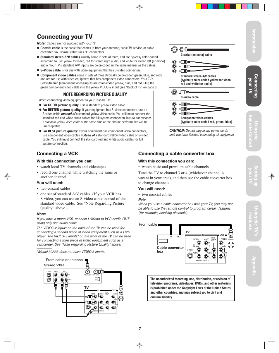 Connecting your tv, Connecting a vcr, Connecting a cable converter box | Toshiba 32A43 User Manual | Page 7 / 36