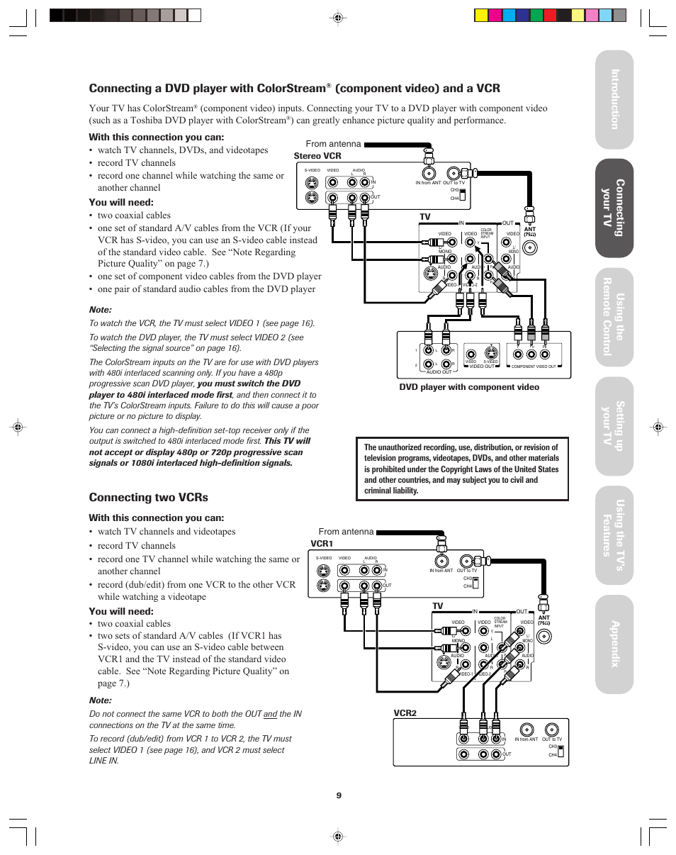 Connecting a dvd player with colorstream, Component video) and a vcr, Connecting two vcrs | Your tv has colorstream | Toshiba 32A43 User Manual | Page 9 / 36