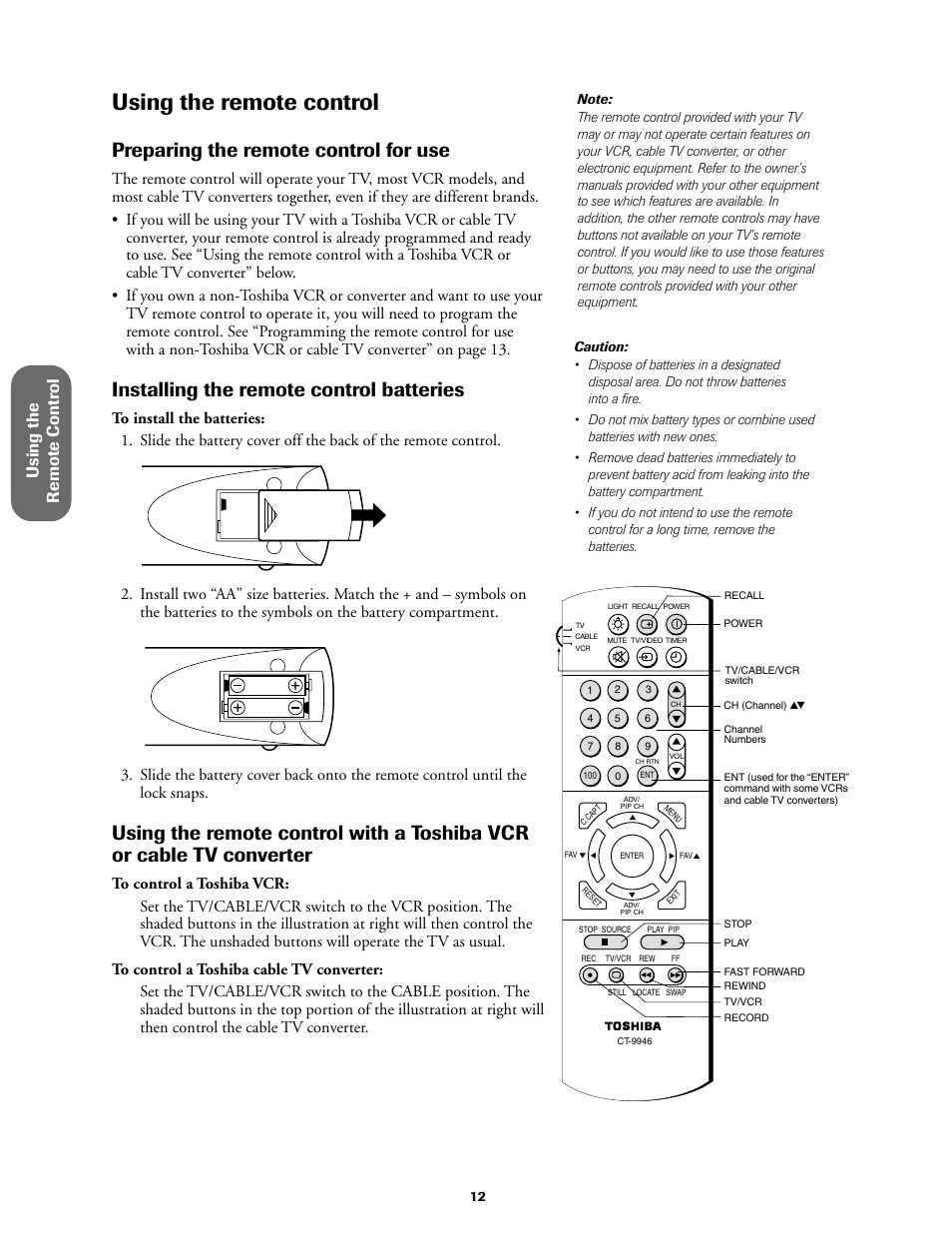 Using the remote control, Preparing for use, Using with a toshiba vcr or cable tv converter | Preparing the remote control for use, Installing the remote control batteries, Using the remote contr ol | Toshiba 27AF61 User Manual | Page 12 / 40