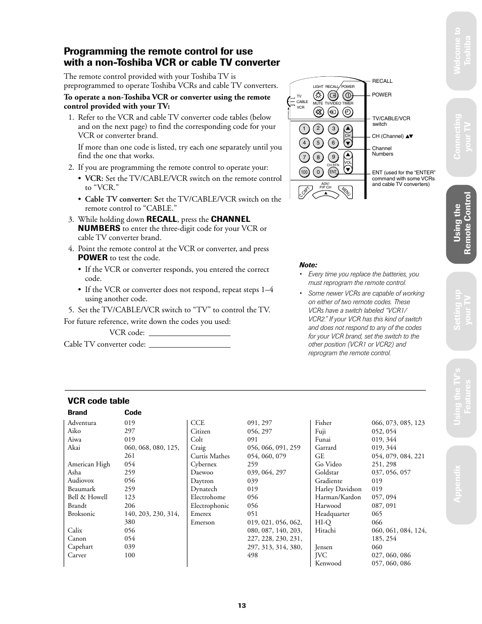 Programming for use, Vcr code table, Ref er ence | Toshiba 27AF61 User Manual | Page 13 / 40