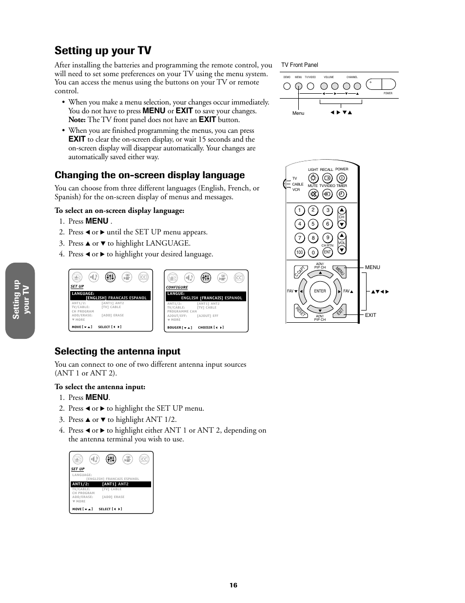 Setting up your tv, Changing the on-screen display language, Selecting the antenna input | Setting up y our t v, Until the set up menu appears. 3. press | Toshiba 27AF61 User Manual | Page 16 / 40