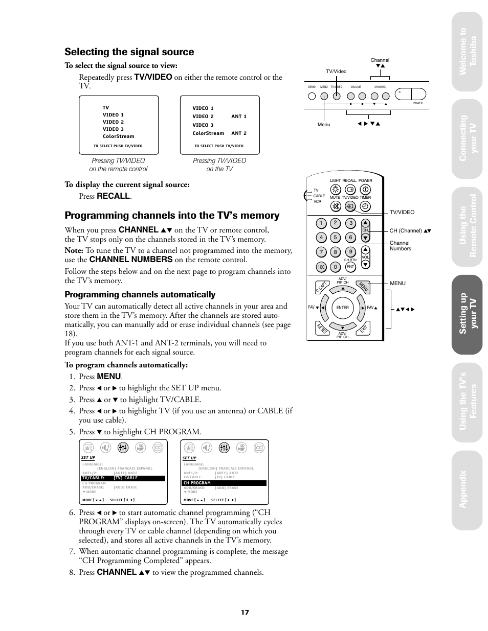 Selecting the signal source, Ref er ence, Programming channels automatically | When you press channel, Press | Toshiba 27AF61 User Manual | Page 17 / 40