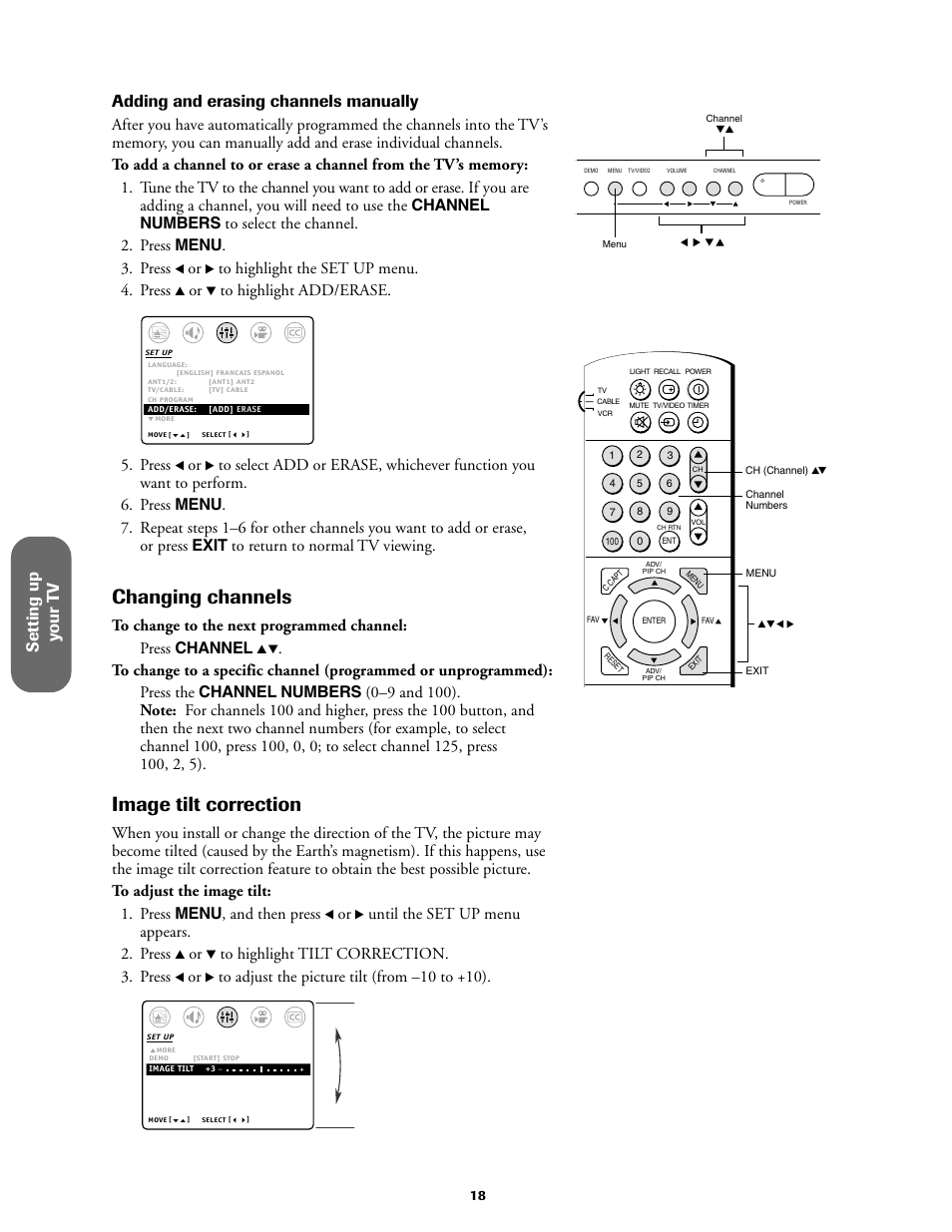 Changing channels, Image tilt correction, Press | Until the set up menu appears. 2. press | Toshiba 27AF61 User Manual | Page 18 / 40