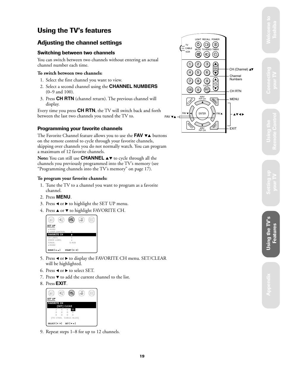 Using the tv's features, Adjusting the channel settings, Using the tv’s features | Ref er ence, Switching between two channels, Programming your favorite channels, Press, Repeat steps 1–8 for up to 12 channels | Toshiba 27AF61 User Manual | Page 19 / 40