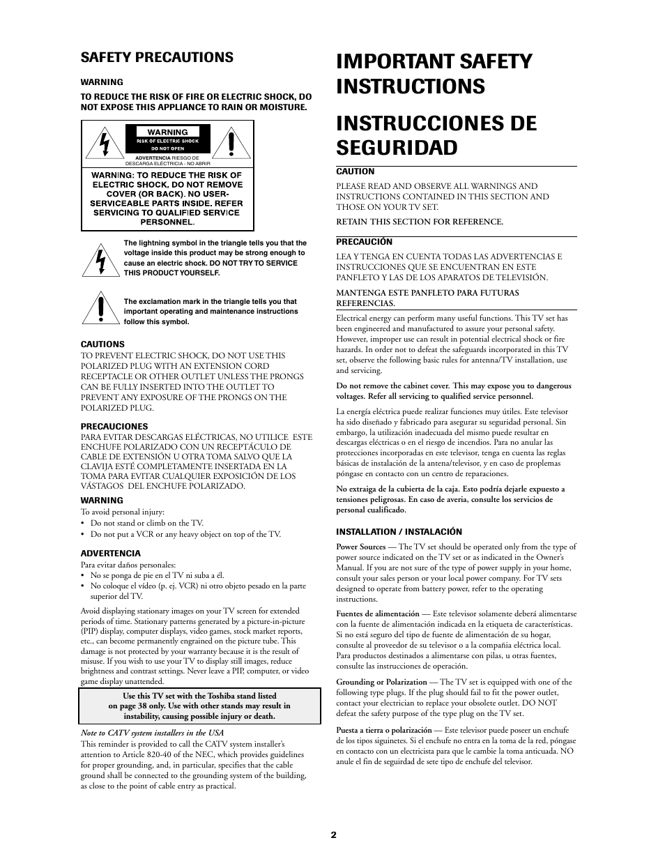 Precautions / instructions, Safety precautions | Toshiba 27AF61 User Manual | Page 2 / 40