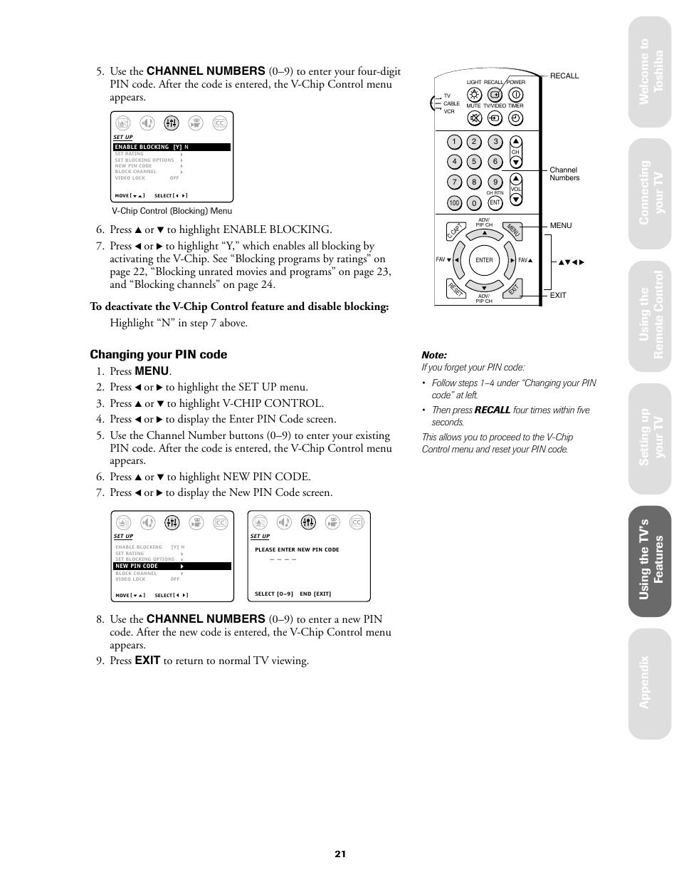 Ref er ence, Changing your pin code, Press | Press menu . 2. press | Toshiba 27AF61 User Manual | Page 21 / 40