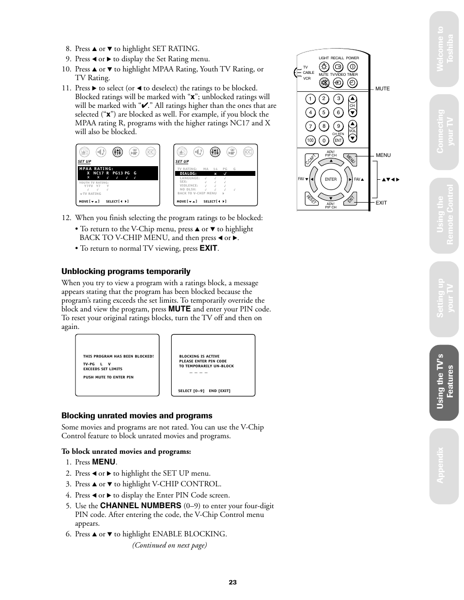 Ref er ence, Unblocking programs temporarily, Blocking unrated movies and programs | Press | Toshiba 27AF61 User Manual | Page 23 / 40