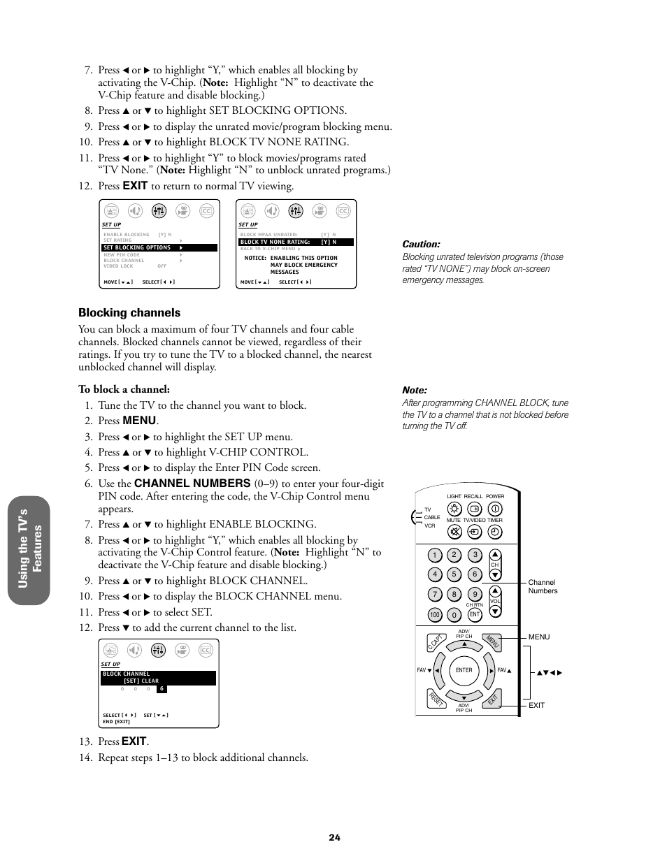 Using the t v ’s f eatur es, Blocking channels, Press | Toshiba 27AF61 User Manual | Page 24 / 40