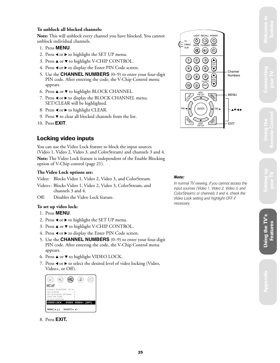 Locking video inpts, Locking video inputs, Ref er ence | Toshiba 27AF61 User Manual | Page 25 / 40