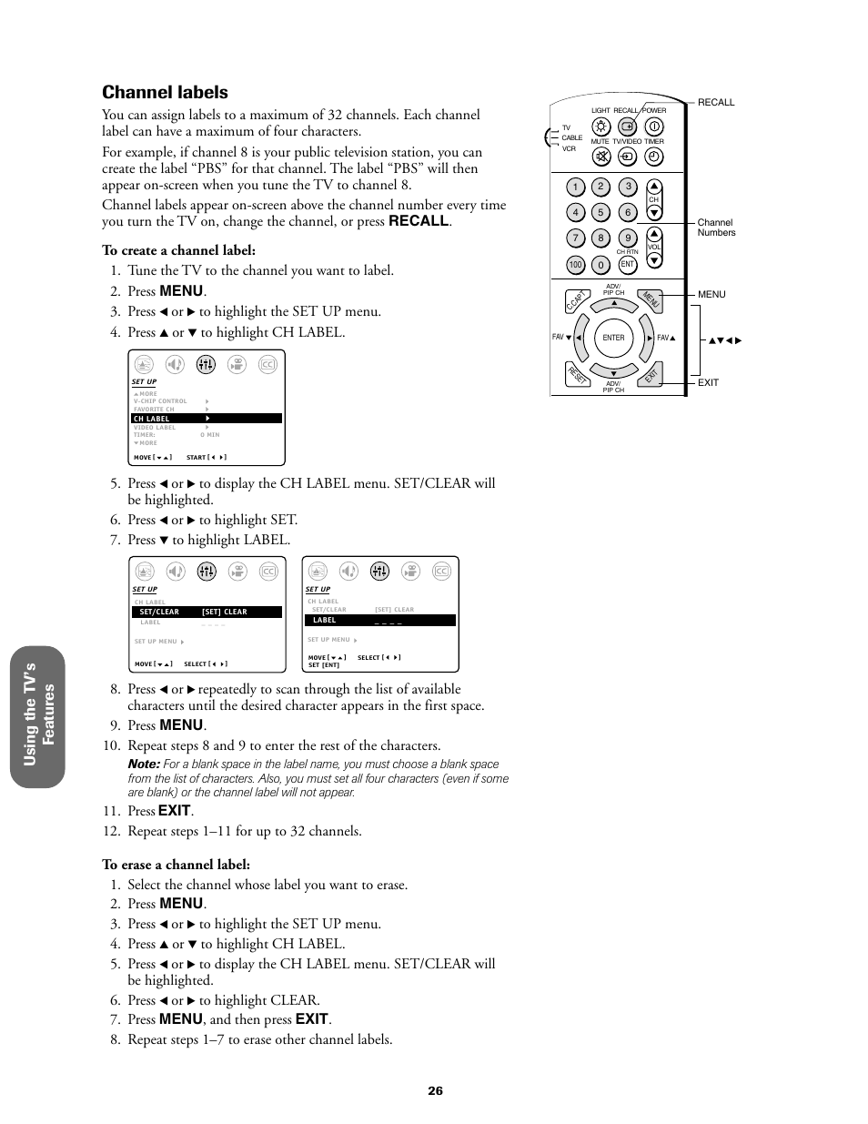 Channel labels, Using the t v ’s f eatur es, Press | Toshiba 27AF61 User Manual | Page 26 / 40