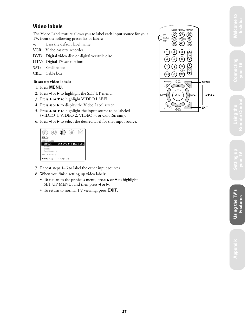 Video labels, Ref er ence | Toshiba 27AF61 User Manual | Page 27 / 40