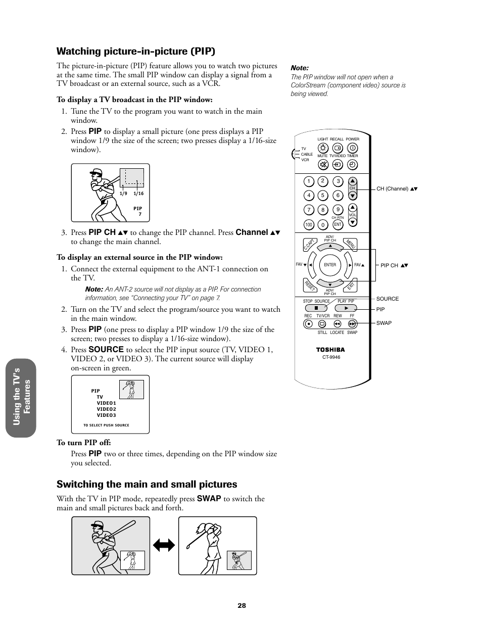 Watching picture-in-picture (pip), Switching the main and small pictures, Using the t v ’s f eatur es | Press pip ch | Toshiba 27AF61 User Manual | Page 28 / 40