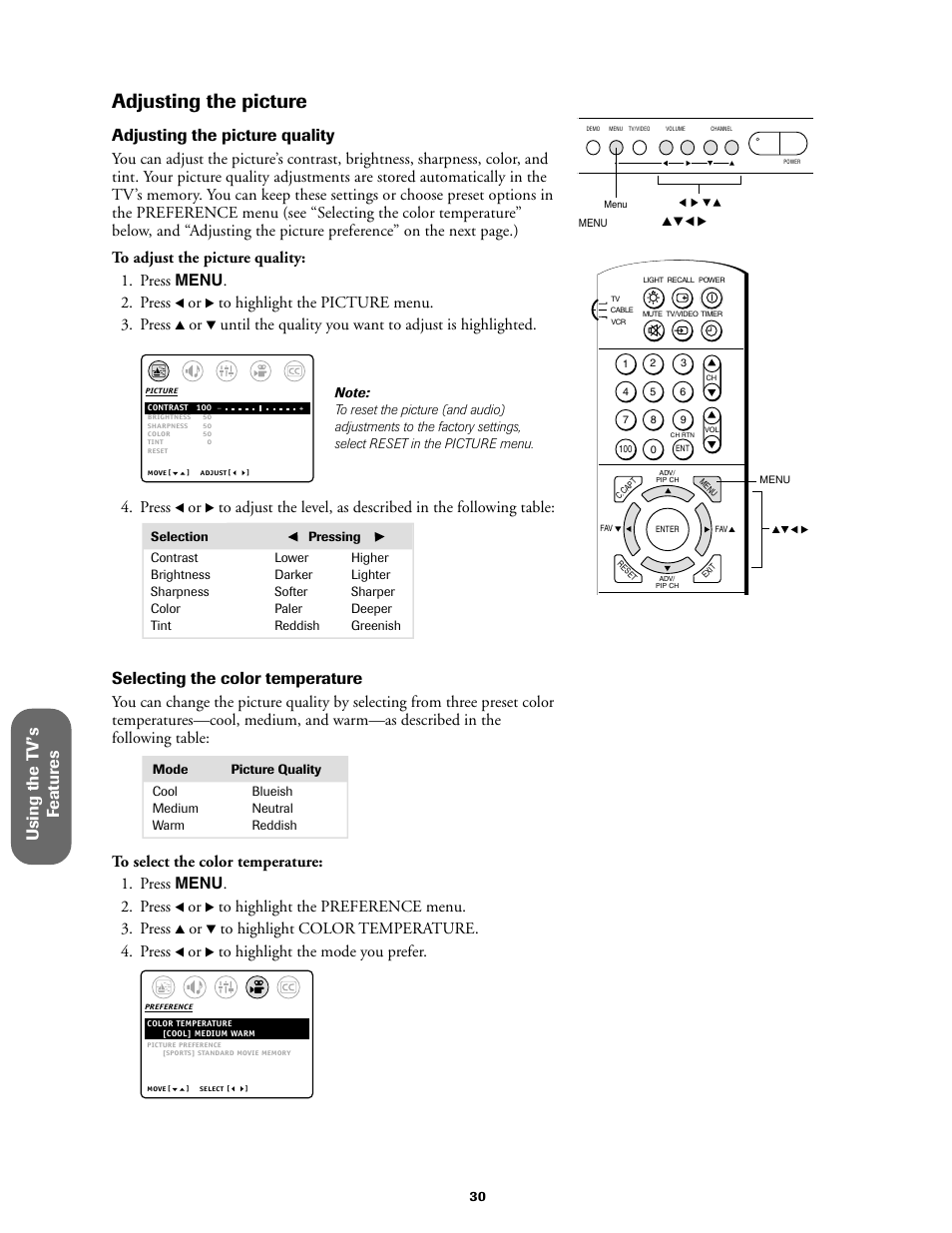 Adjusting the picture, Using the t v ’s f eatur es, Adjusting the picture quality | Selecting the color temperature, Press | Toshiba 27AF61 User Manual | Page 30 / 40