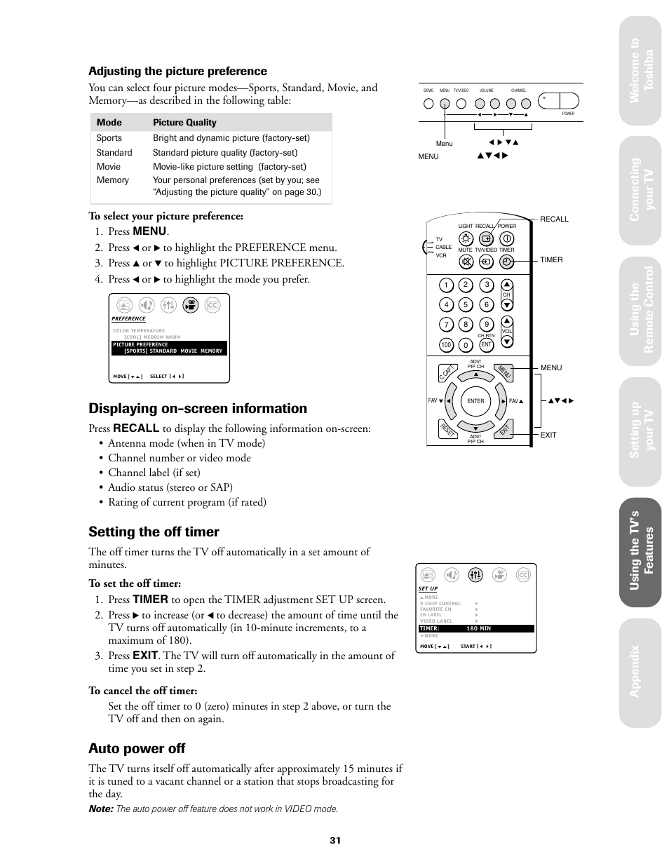 Setting the off timer, Displaying on-screen information, Auto power off | Ref er ence | Toshiba 27AF61 User Manual | Page 31 / 40