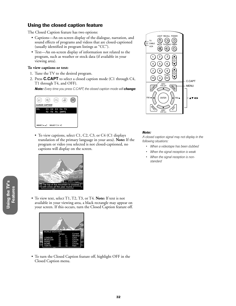 Using the closed caption feature, Using the t v ’s f eatur es | Toshiba 27AF61 User Manual | Page 32 / 40