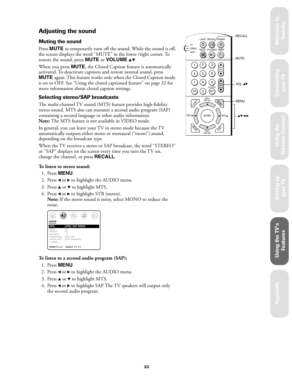 Adjusting the sound, Ref er ence, Muting the sound | Selecting stereo/sap broadcasts | Toshiba 27AF61 User Manual | Page 33 / 40