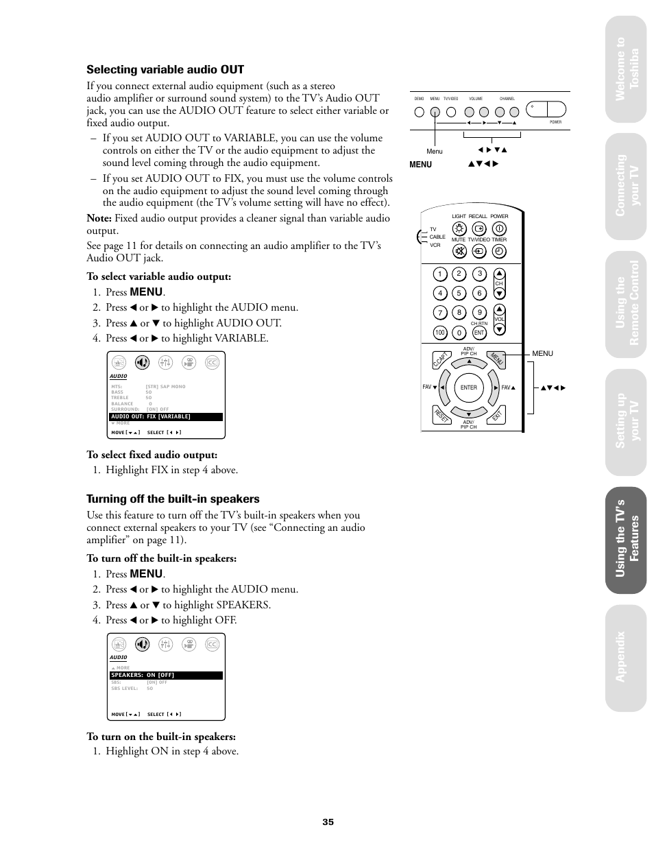 Ref er ence, Turning off the built-in speakers | Toshiba 27AF61 User Manual | Page 35 / 40