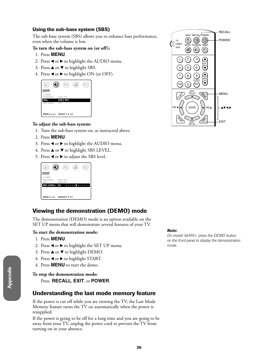 Viewing the demonstration (demo) mode, Understanding the last mode memory feature, Appendix | Ref er ence, Using the sub-bass system (sbs) | Toshiba 27AF61 User Manual | Page 36 / 40