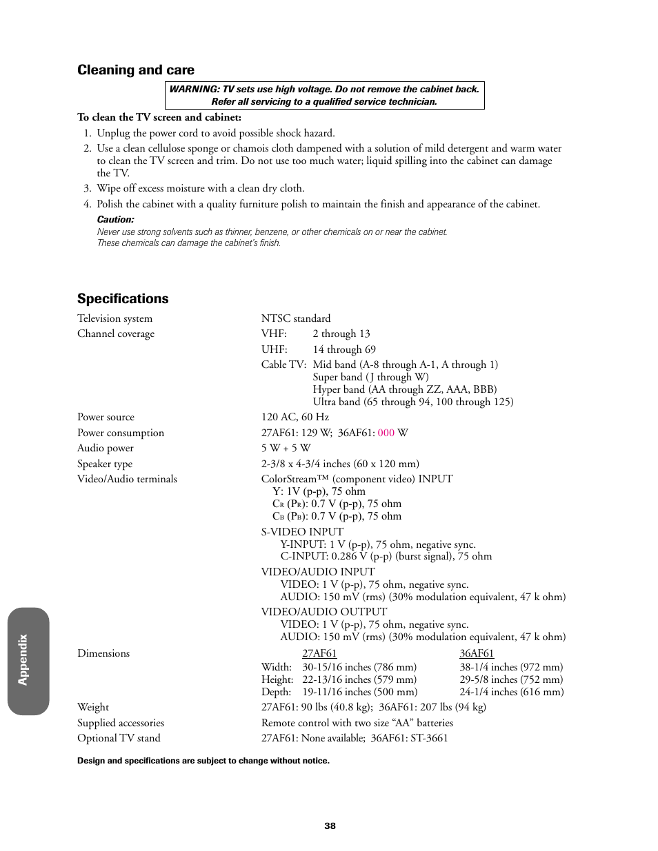 Cleaning and care, Specifications | Toshiba 27AF61 User Manual | Page 38 / 40