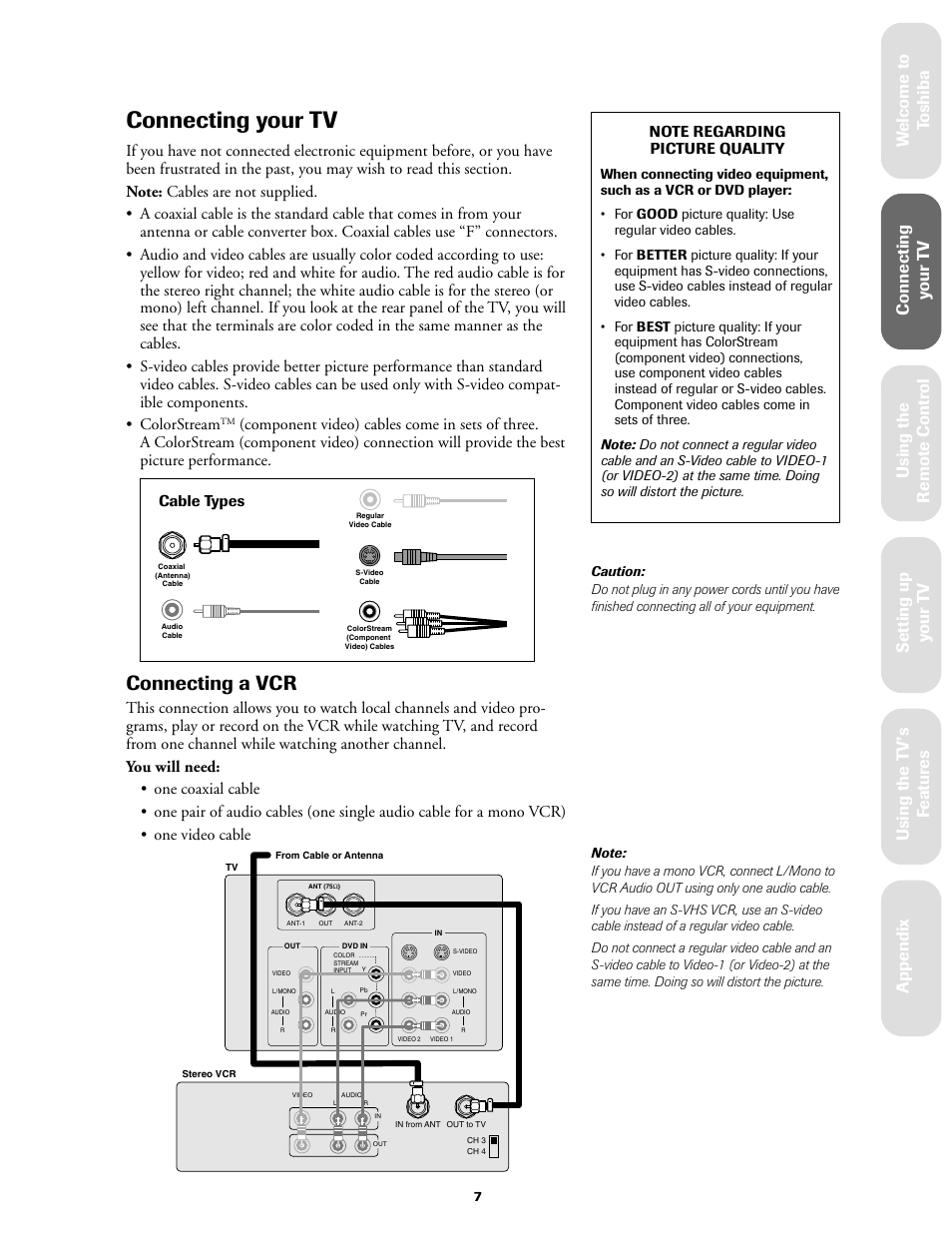 Connecting your tv, Connecting a vcr, Ref er ence | Toshiba 27AF61 User Manual | Page 7 / 40
