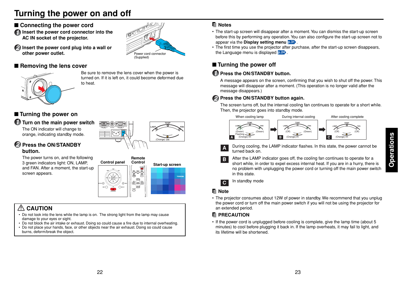 Operations, Turning the power on and off, P.22 | P.23 | Toshiba TDP-T90 User Manual | Page 12 / 25