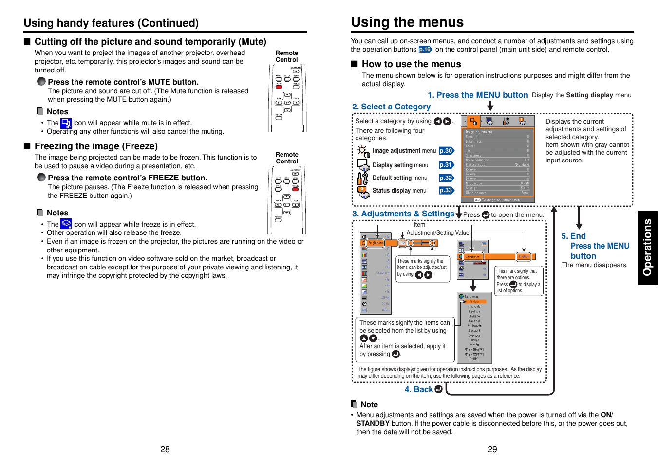 Freezing the image (freeze), Using the menus, How to use the menus | P.29, P.28, Operations, Using handy features (continued) | Toshiba TDP-T90 User Manual | Page 15 / 25