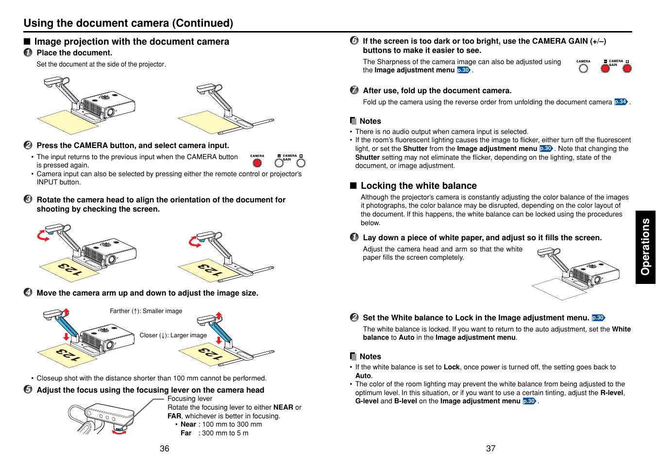 Image projection with the document camera, Locking the white balance, Operations | Using the document camera (continued) | Toshiba TDP-T90 User Manual | Page 19 / 25