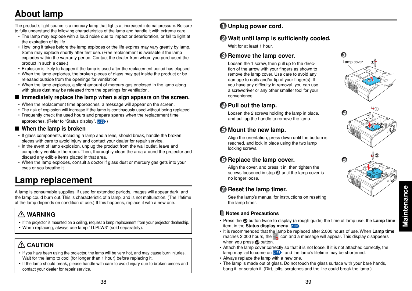 Maintenance, About lamp, Lamp replacement | P.39 | Toshiba TDP-T90 User Manual | Page 20 / 25