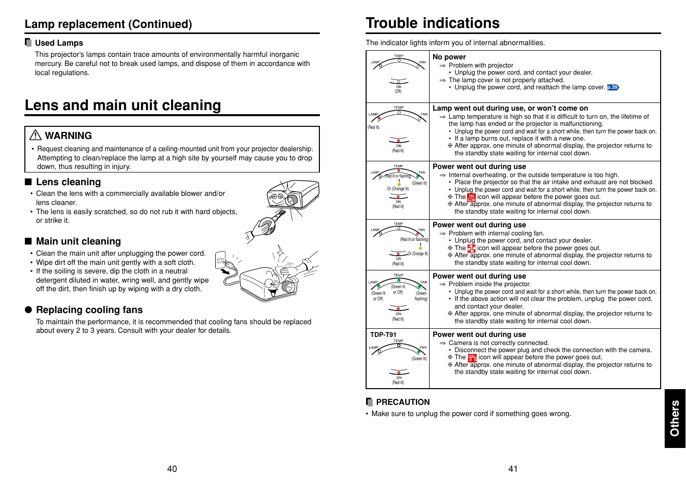 Lens and main unit cleaning, Others, Trouble indications | P.41, Lamp replacement (continued), Warning, Lens cleaning, Main unit cleaning, Replacing cooling fans | Toshiba TDP-T90 User Manual | Page 21 / 25