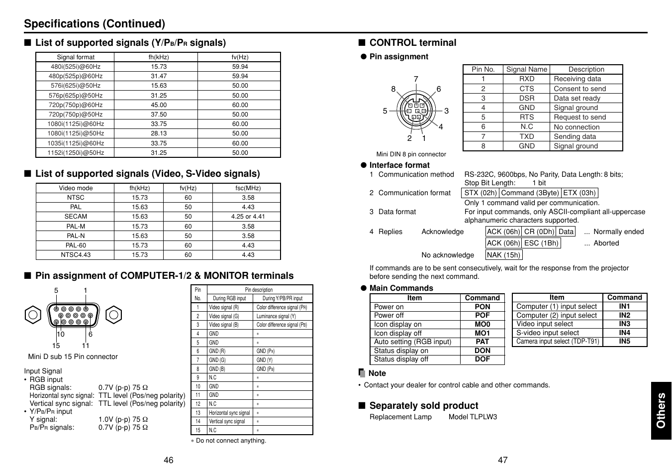 List of supported signals (y/pb/pr signals), List of supported signals (video, s-video signals), Pin assignment of computer-1/2 & monitor terminals | Control terminal, Separately sold product, P.47, P.46, Others, Specifications (continued), List of supported signals (y/p | Toshiba TDP-T90 User Manual | Page 24 / 25